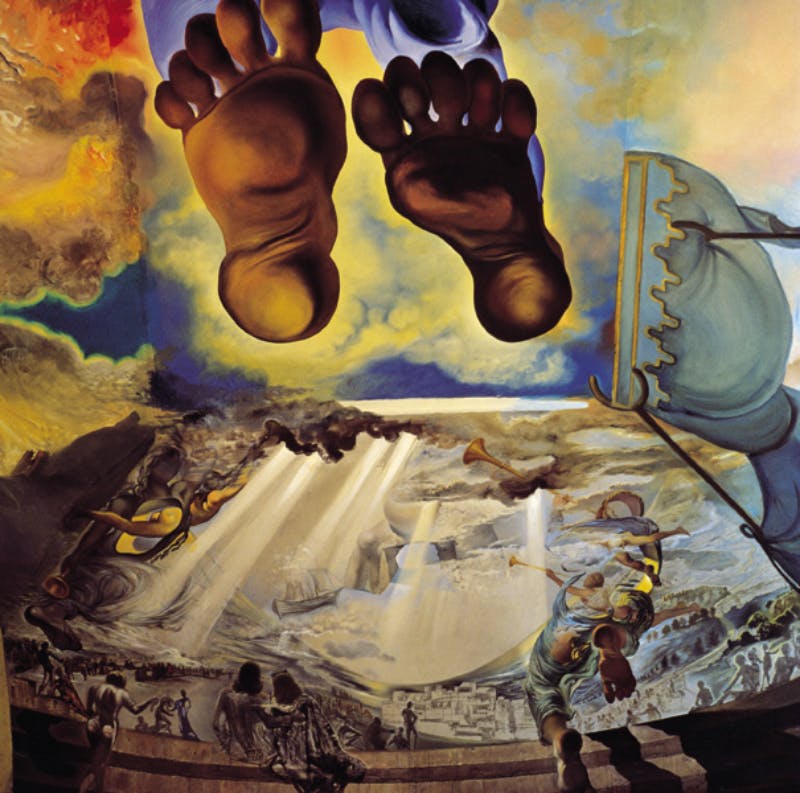 Œuvre d'art surréaliste avec de grands pieds flottant au-dessus d'un paysage chaotique et coloré présentant des figures et des structures abstraites.