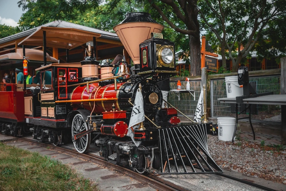 A bright red and black steam locomotive with gold accents is stationed near a building labeled "Safari Railway Station."