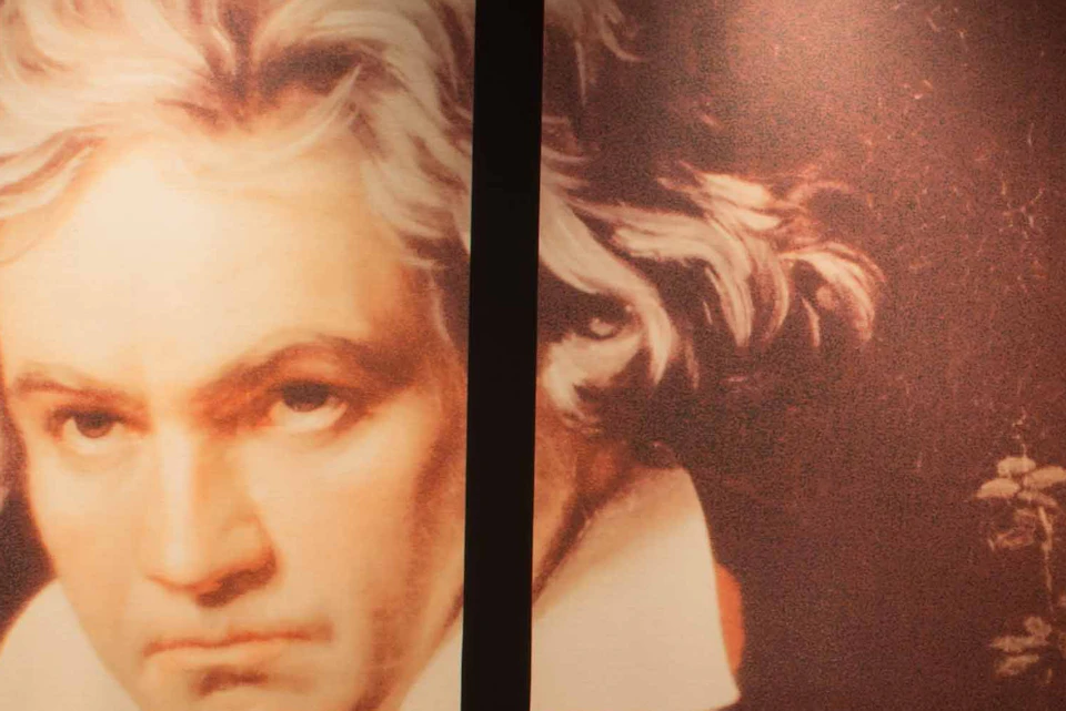 Dimly lit museum exhibit featuring a large portrait of Beethoven, display cases, and informational panels on a colorful, patterned floor.