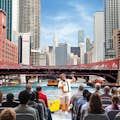 guia i turistes a bord d'un vaixell en una excursió arquitectònica per un riu i un llac a Chicago