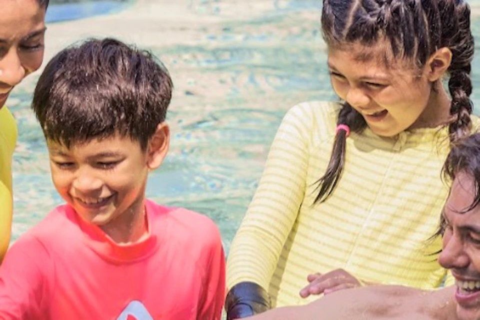 A group of people interacting with aquatic animals in a water enclosure, smiling and appearing to enjoy the experience.