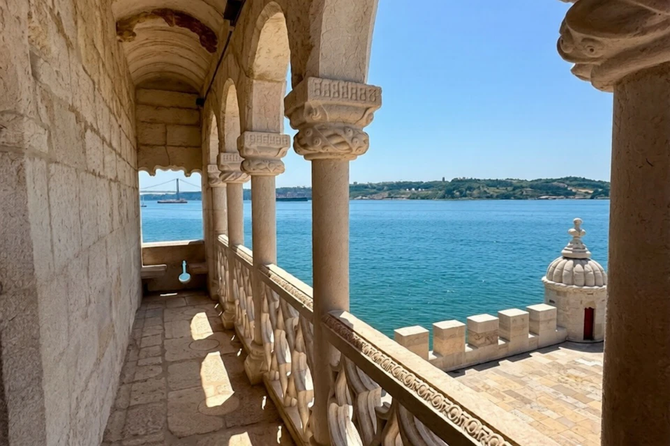 A stone balcony with ornate columns overlooks a calm blue body of water and a suspension bridge in the distance.
