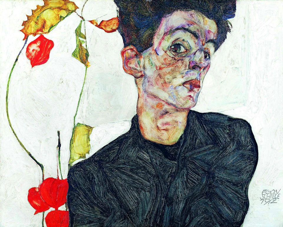 A stylized portrait of a person in dark clothing, with a colorful, textured background featuring red flowers and leaves.