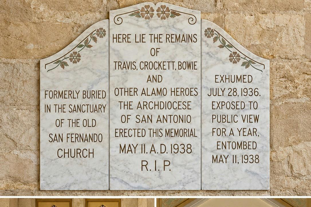 A memorial plaque describing the reburial of Alamo heroes, including Travis, Crockett, and Bowie, dated May 11, 1938.