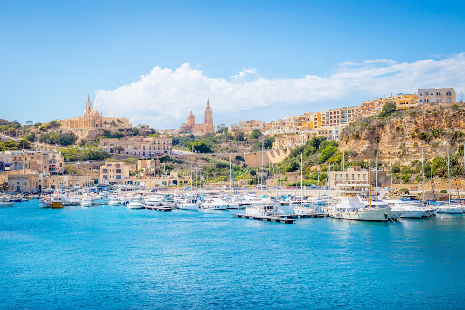 Boats docked at a marina with a coastal town and historic buildings on a hillside under a clear blue sky.