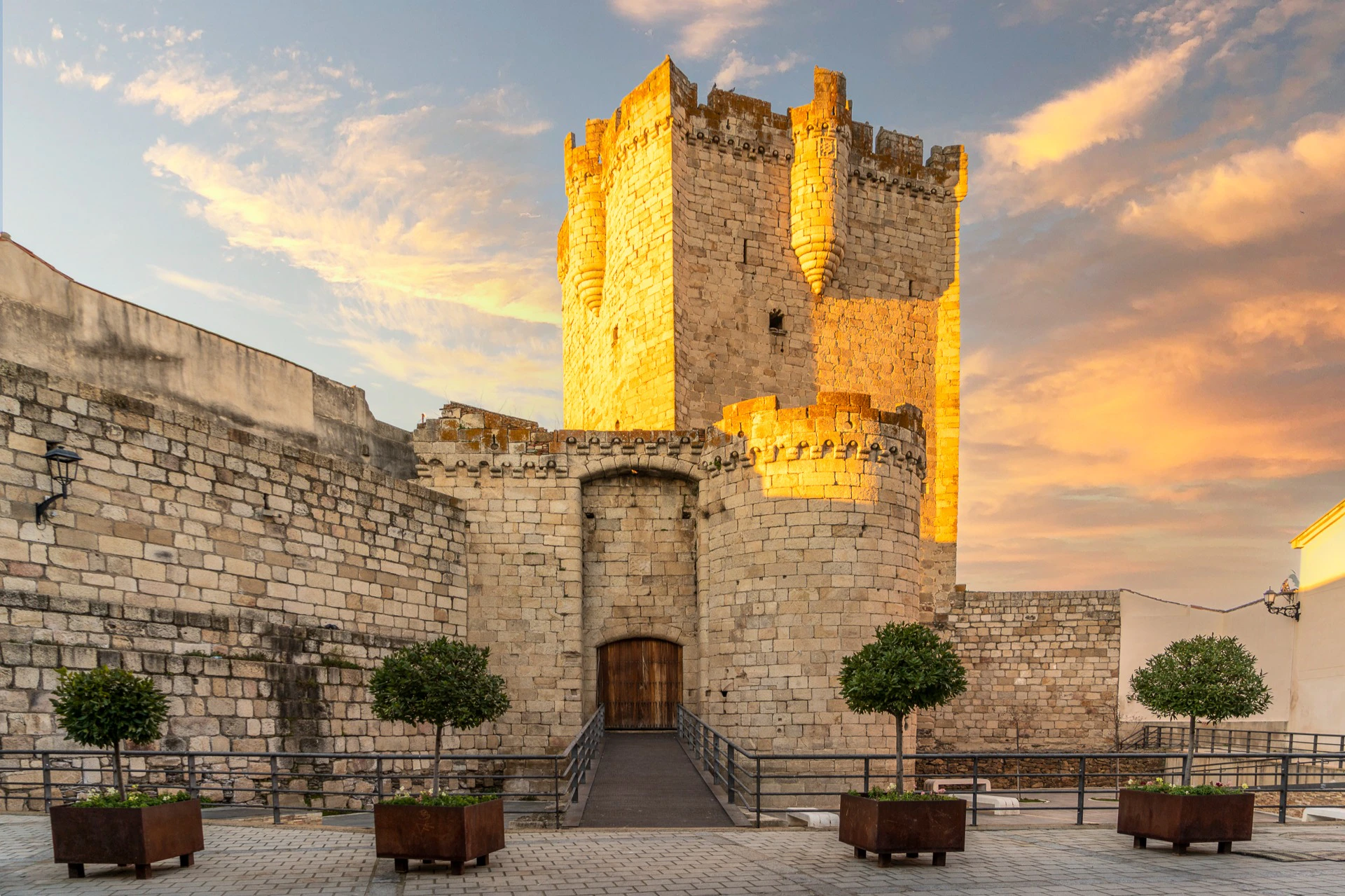 A stone castle with a tall square tower, surrounded by walls, a wooden door, and planters with trees in the foreground.