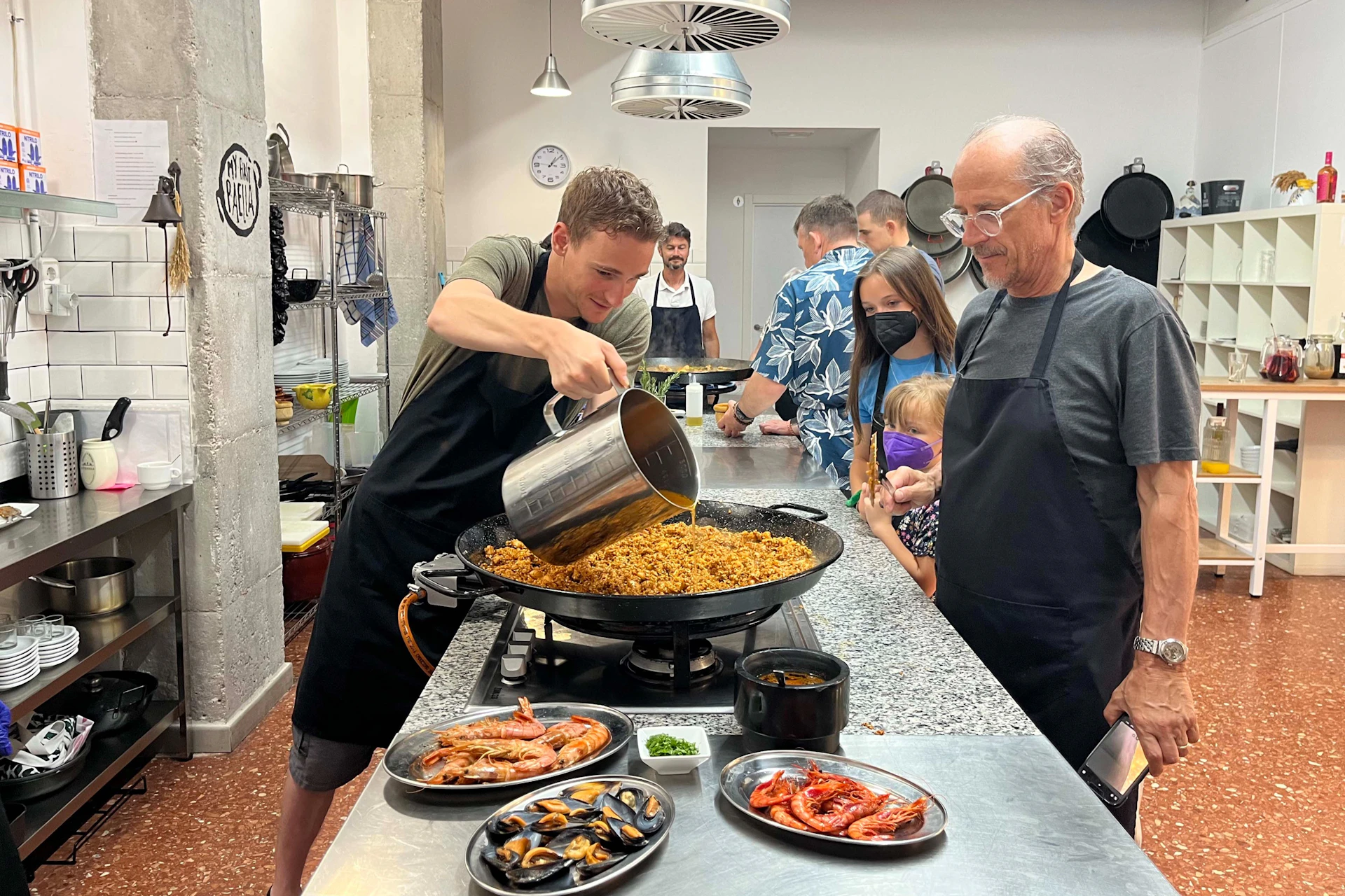 Cooking a seafood paella.