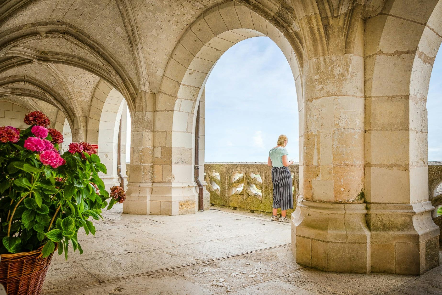 Una persona está de pie bajo un arco de piedra, mirando hacia un cielo brillante. A un lado hay una maceta con flores rosas.