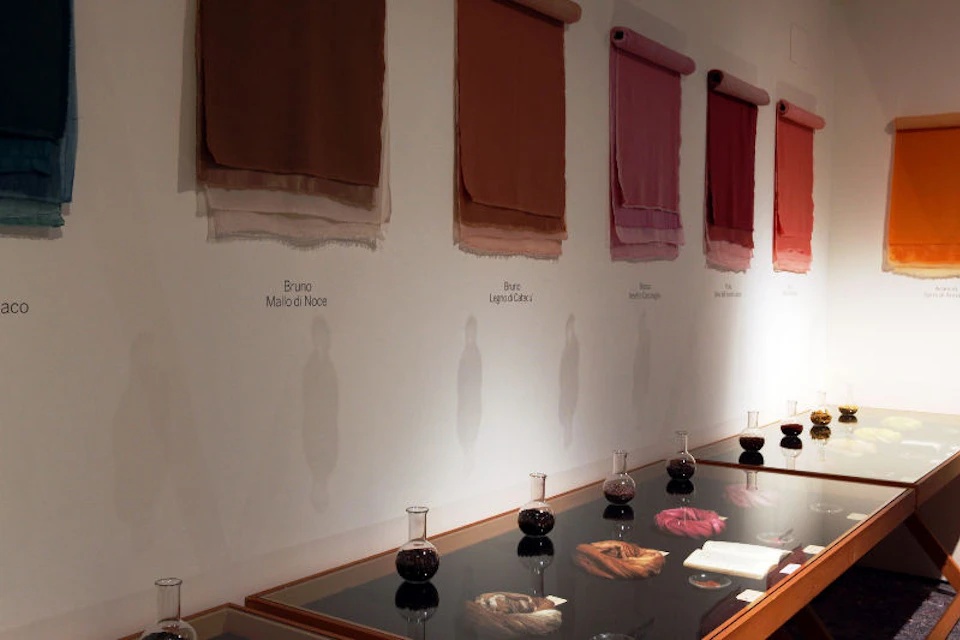 Fabric swatches in various shades hang on a wall above beakers with dark liquid on a glass-topped table below.