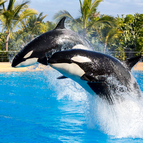 Zwei Orcas springen aus einem blauen Wasserbecken mit Palmen und üppiger Vegetation im Hintergrund.