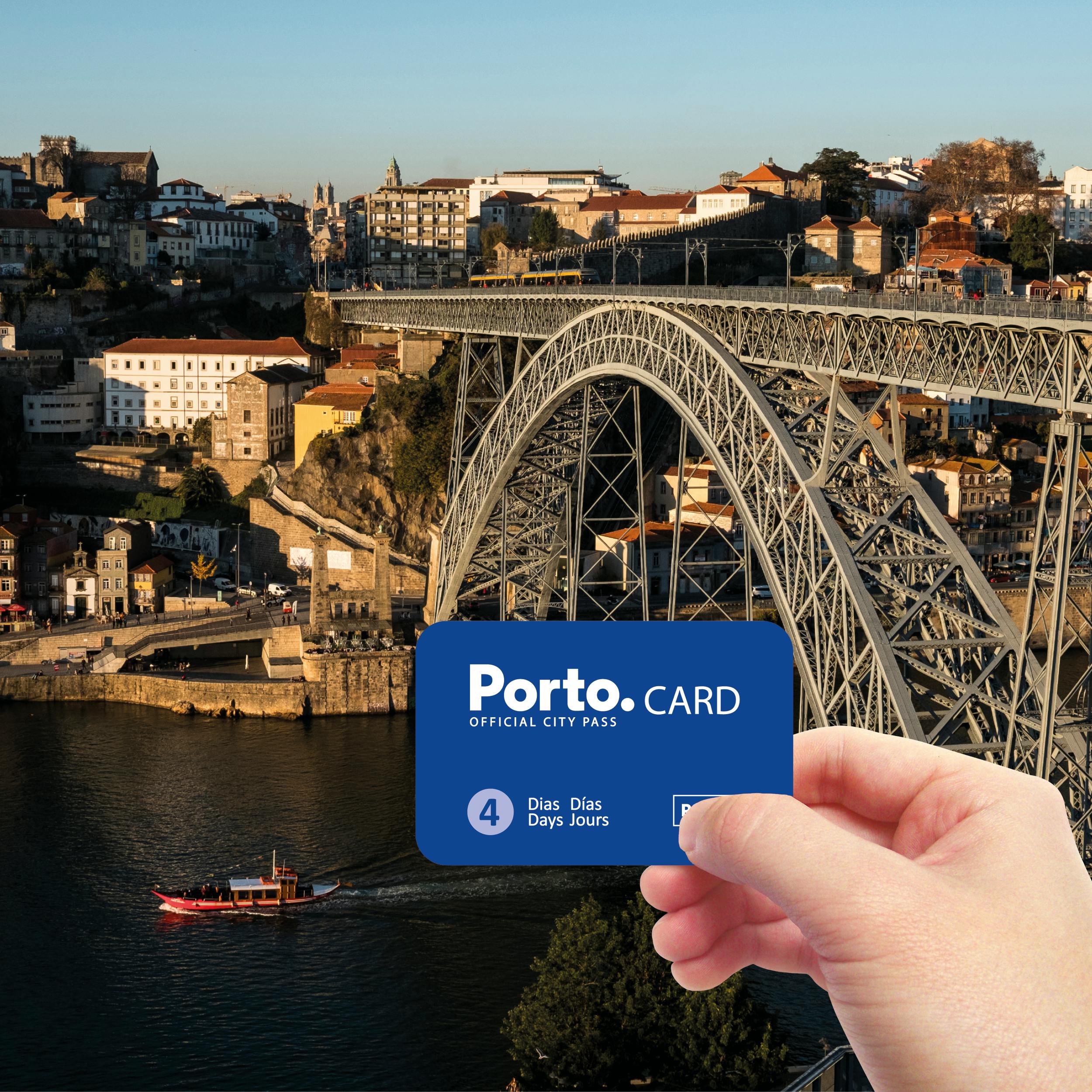 Ruka držící „Porto Card“ s panoramatem města a velkým mostem v pozadí přes řeku s lodí.