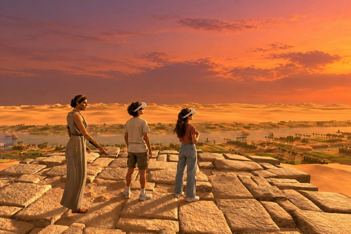 Three people wearing VR headsets stand on stone blocks, overlooking a desert landscape with an orange sunset sky.