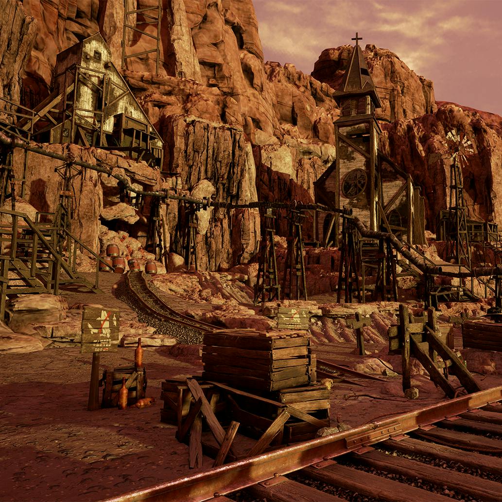 Deserted mining town with rocky cliffs, wooden structures, railway tracks, and old church under a dusky, orange sky.