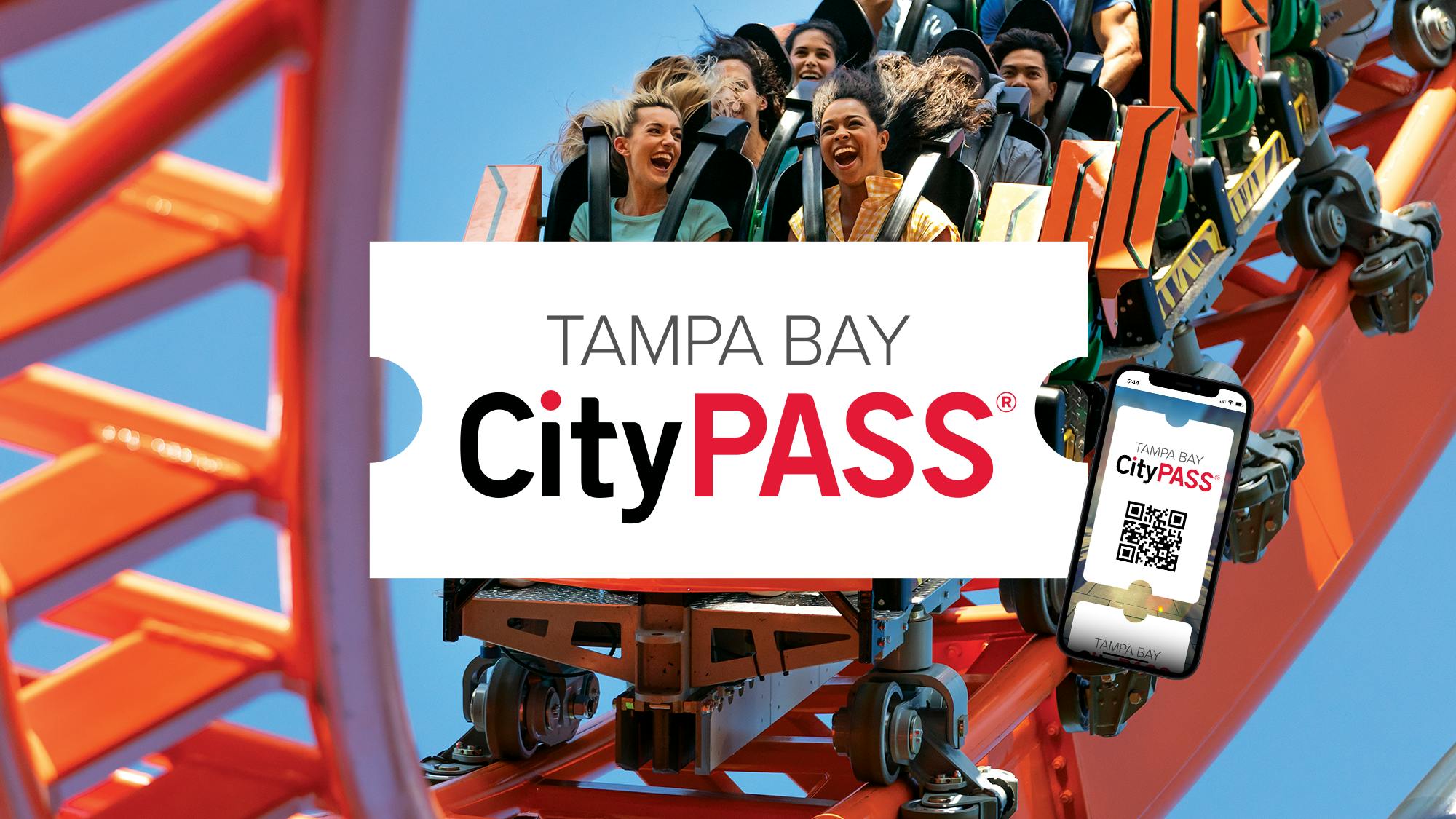 People enjoy a roller coaster ride over water with "Tampa Bay CityPASS" text and a smartphone displaying a CityPASS ticket.