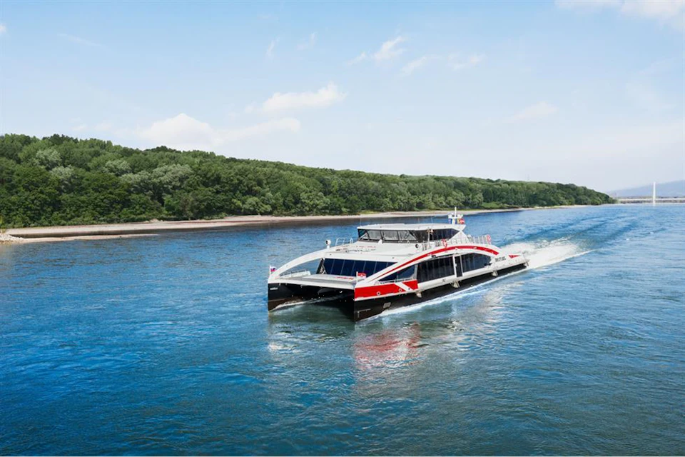 A modern catamaran with red, black, and white stripes travels on a river with a forested shoreline in the background.