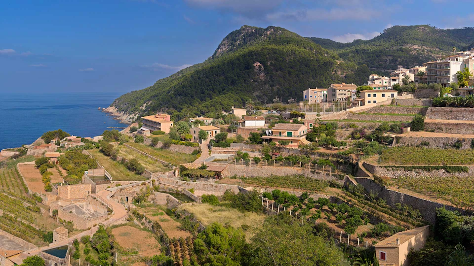 Hillside village with terraced gardens, houses, and winding paths. Dense forest-covered mountain and ocean in the background.