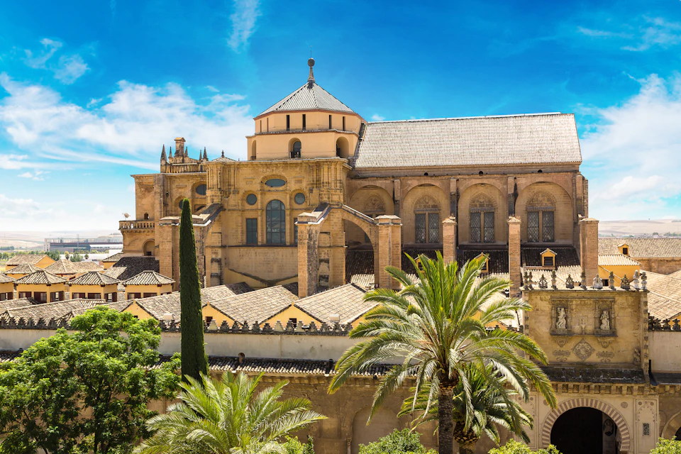 Historic stone building with arched windows, a dome, and palm trees in the foreground under a vibrant blue sky.