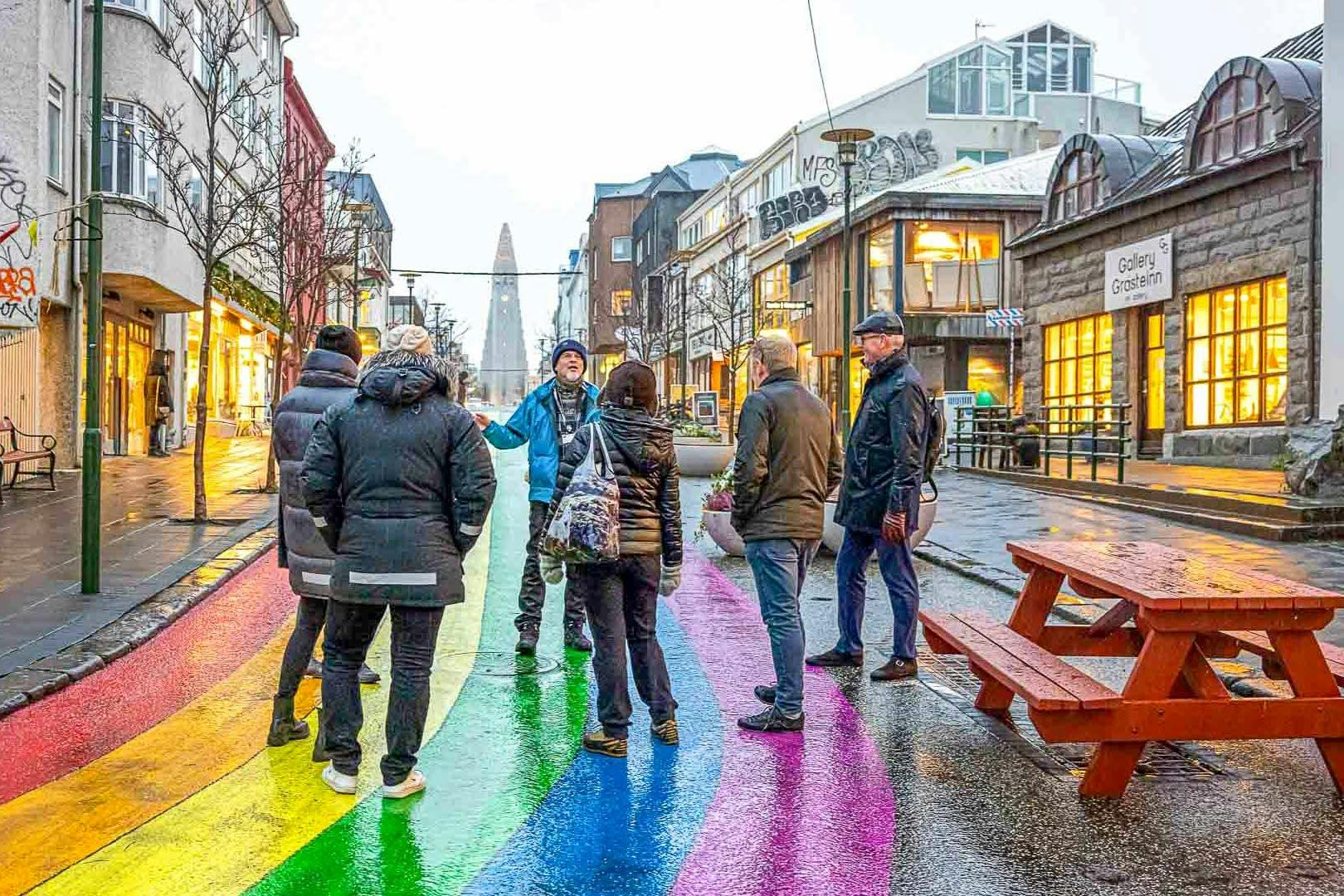 The famous Hallgrímskirkja church and the rainbow road