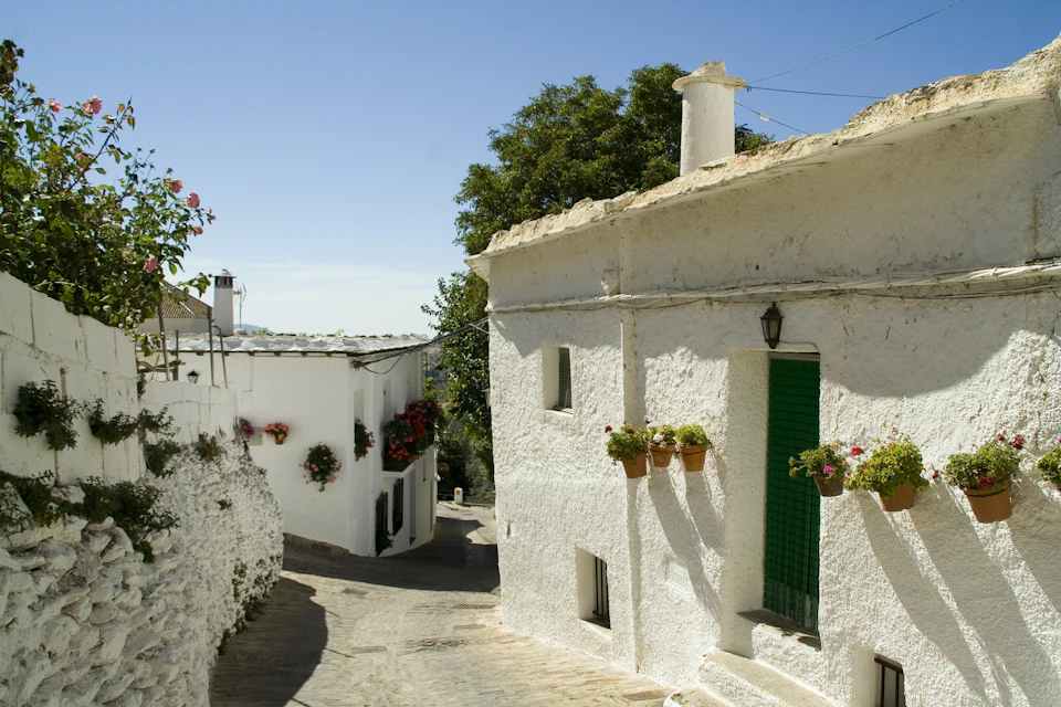 A sunlit narrow street in a white-washed village, with flowers hanging on the walls and a green door, under a clear blue sky.