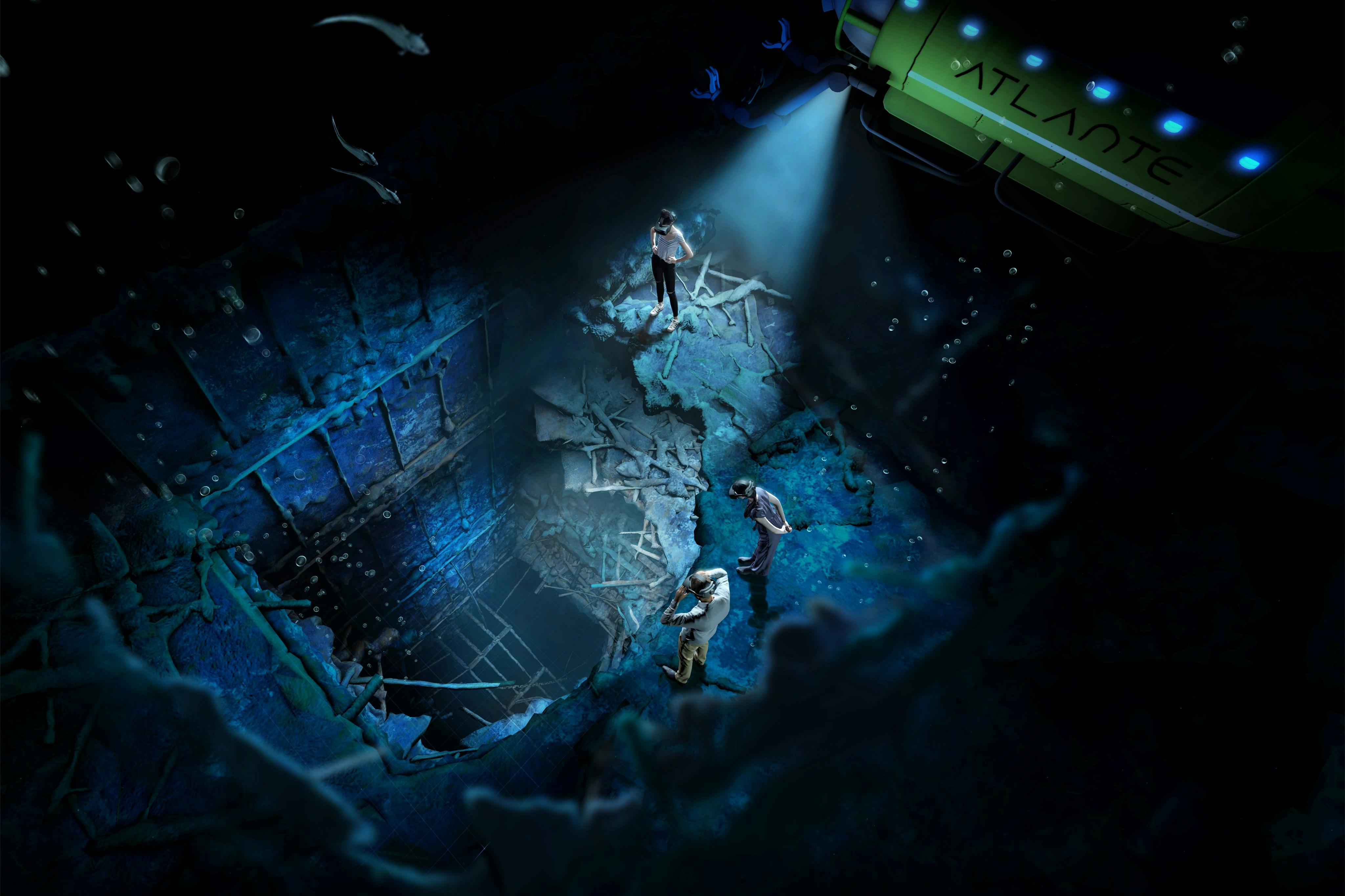 Trois plongeurs explorent une épave submergée, éclairée par un submersible vert portant l'inscription "ATLANTIS". Des poissons nagent autour de la scène.
