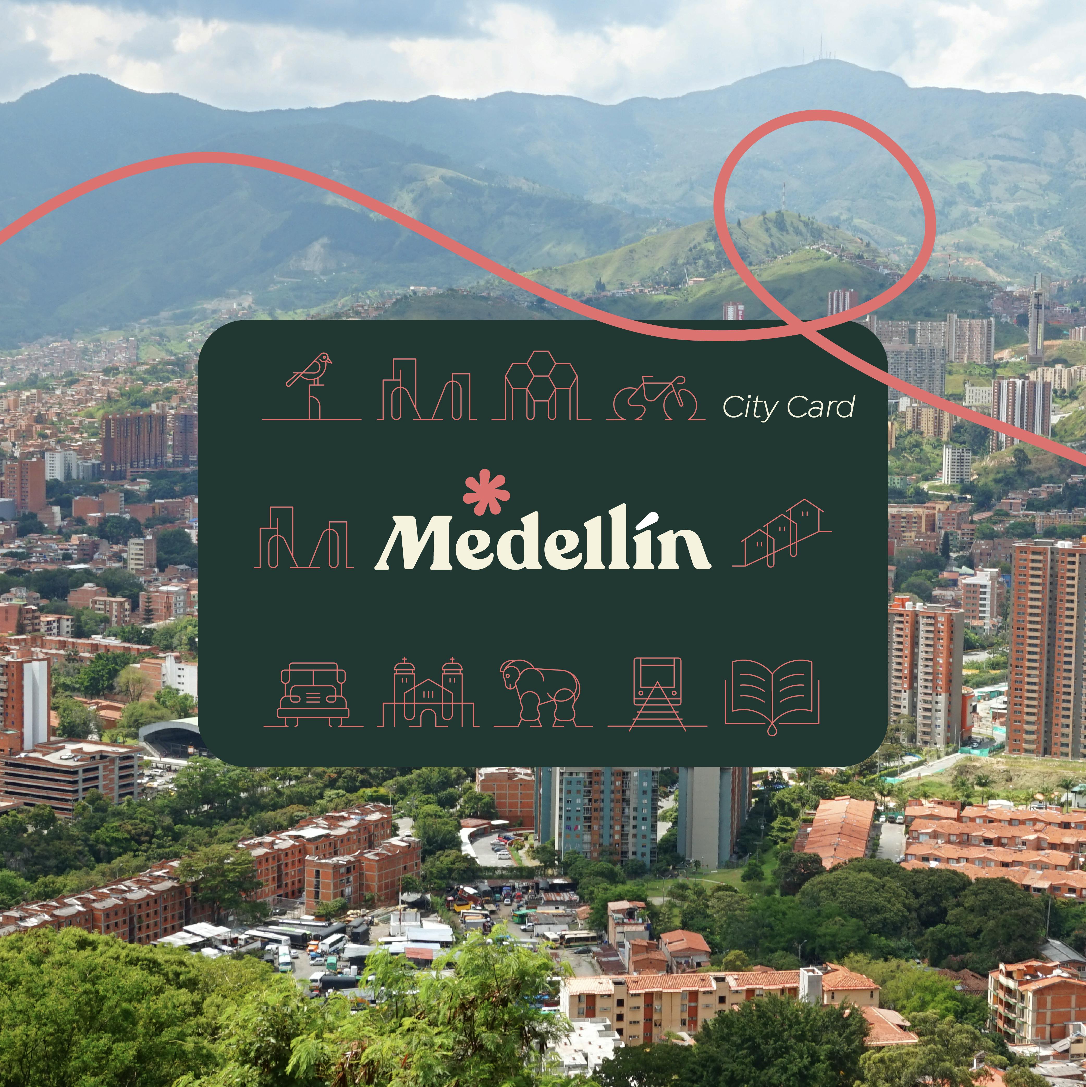 높은 건물, 울창한 녹지, 주변 산, 아이콘과 '메데인' 텍스트가 겹쳐진 '시티 카드' 그래픽이 있는 메데인 도시 풍경.