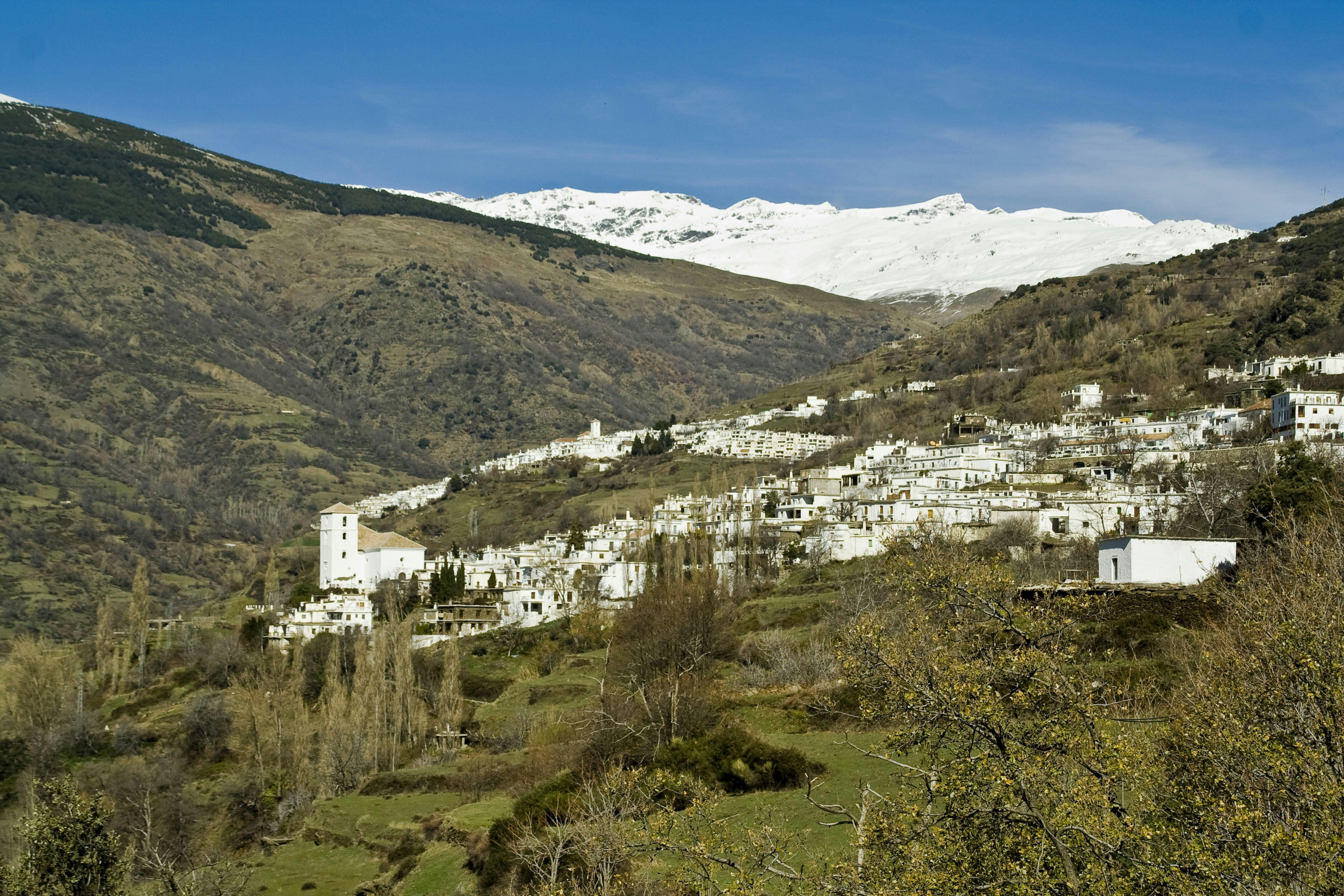 White village on a hillside, surrounded by barren trees and fields, with snowy mountains in the background under a clear blue sky.