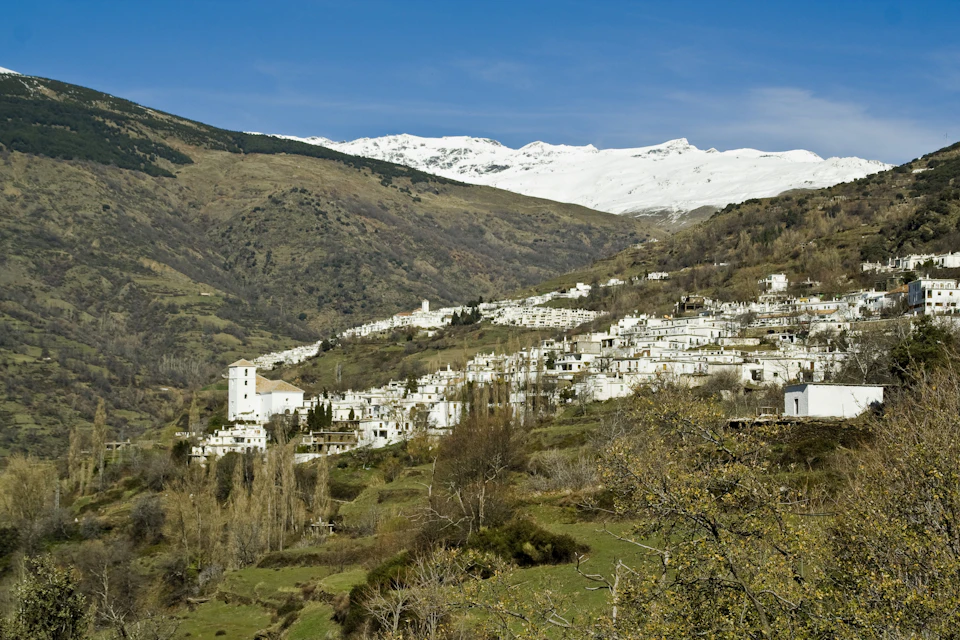 White village on a hillside, surrounded by barren trees and fields, with snowy mountains in the background under a clear blue sky.