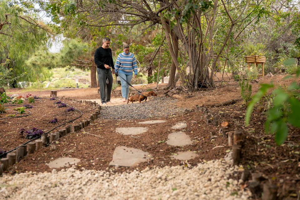 Two people walking a small dog on a leash along a tree-lined path in a garden setting.