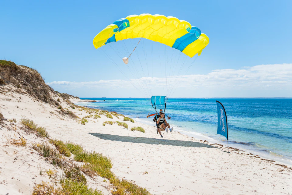 Tandem skydive parachute landing on the beach at Rottnest Island