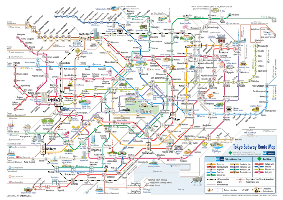 Colorful, detailed map of Tokyo's metro system, displaying various train lines, station names, and notable landmarks.