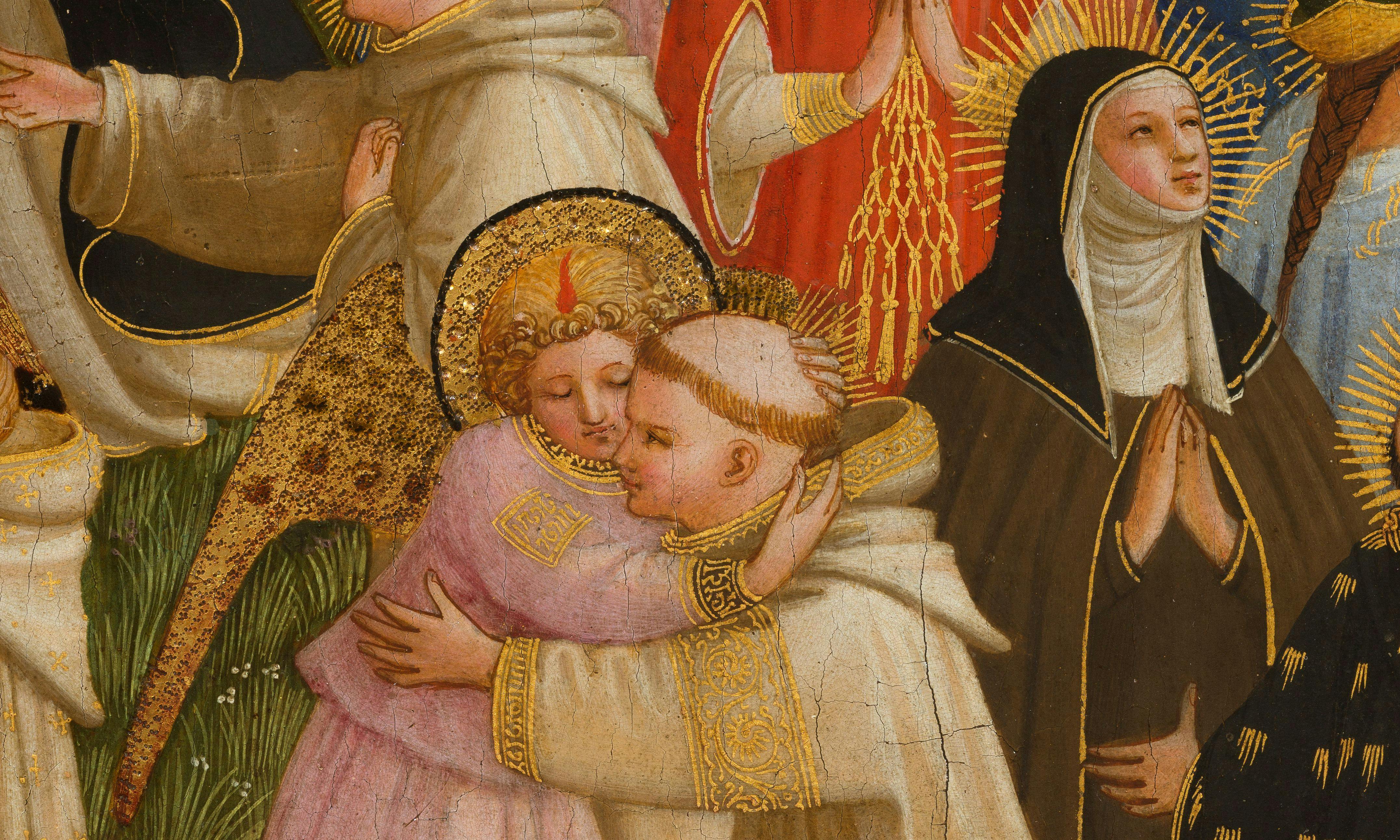 A serene scene featuring a nun praying, and a child embracing a bald man with golden adornments, surrounded by halo imagery.