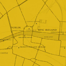 Karta över centrala Dublin med O'Connell Street, Ha'penny Bridge, Custom House och anmärkningsvärda landmärken som Epic Ireland.