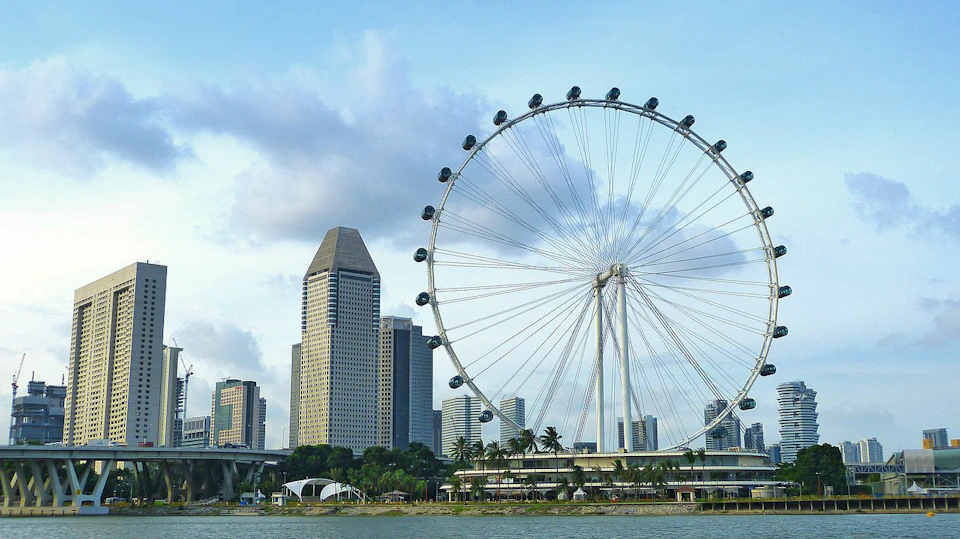 Large ferris wheel with skyscrapers and palm trees in the background, set against a partly cloudy sky beside a body of water.