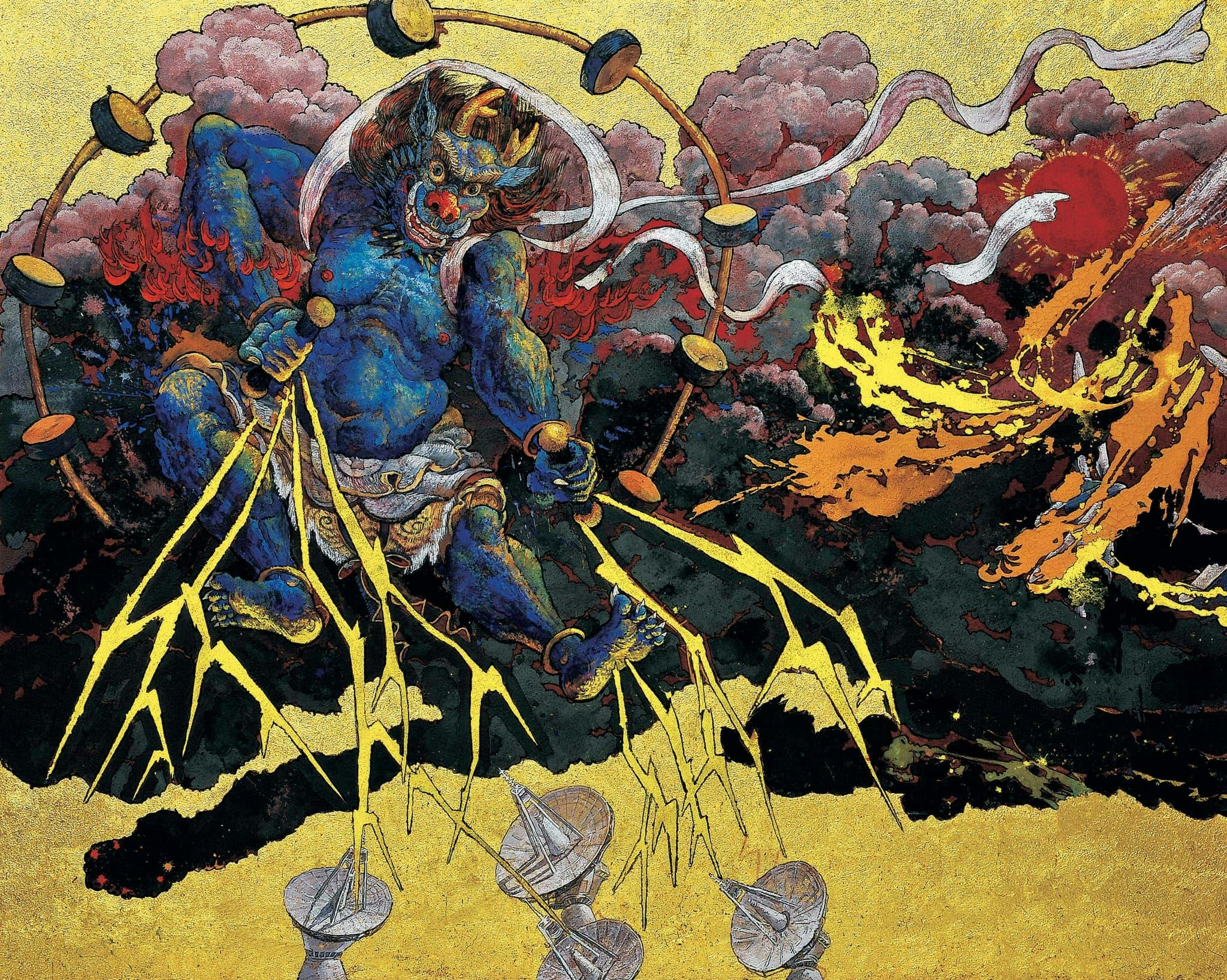 Mythological figure with a blue body and wild hair throwing lightning bolts, surrounded by flames and dramatic clouds.