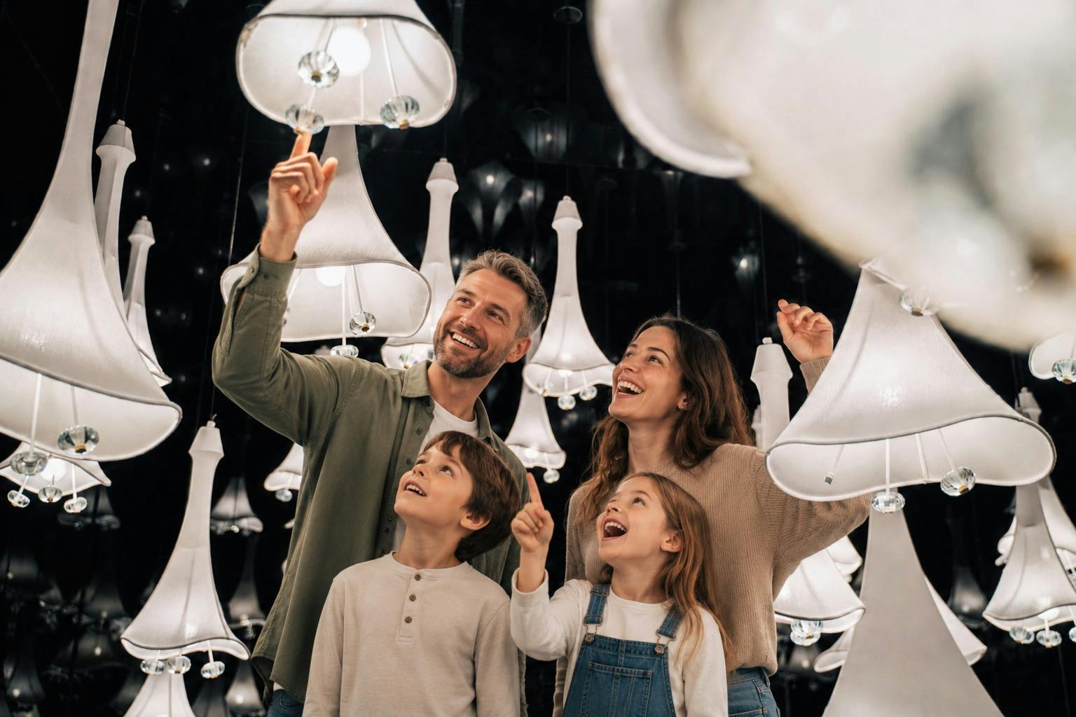 A smiling family of four interacts with hanging white lamps in a decorative display, appearing joyful and engaged.