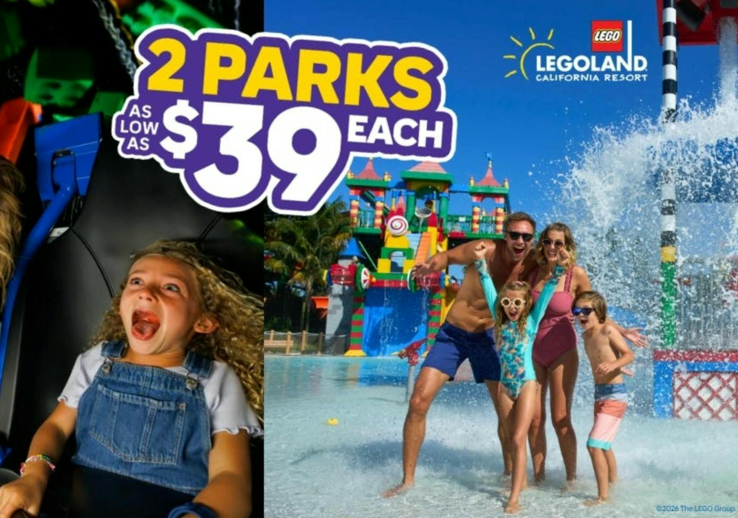 Una imatge promocional que mostra una mare i un nen gaudint d'un passeig pel parc i d'un parc aquàtic amb una oferta de preus per dos parcs.