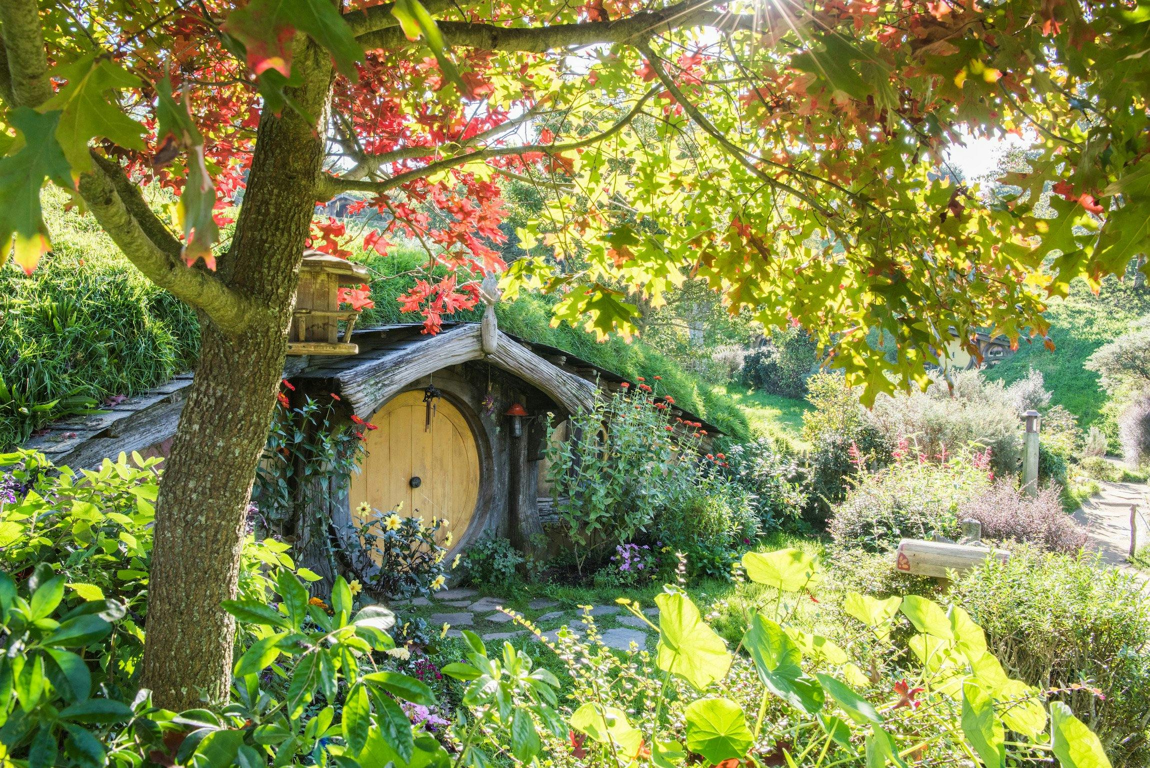 A small hobbit-style house with a round wooden door surrounded by lush greenery and colorful flowers under sunlight.