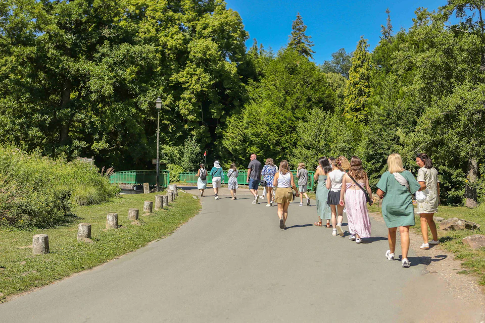 A group of people walking on a paved path in a park surrounded by dense greenery and trees on a sunny day.
