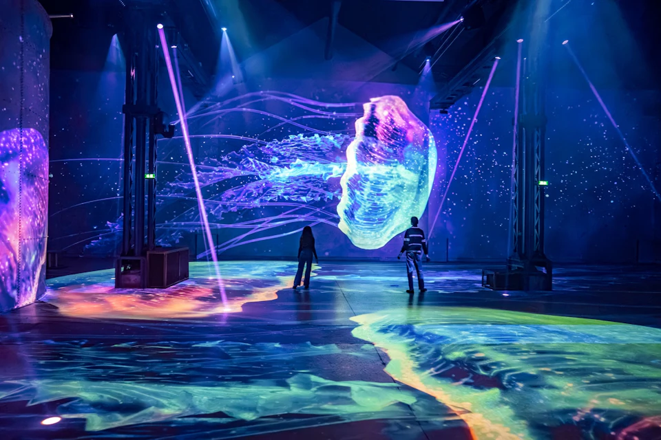 Two people in an immersive art installation with colorful projections of jellyfish and abstract patterns on walls and floor.