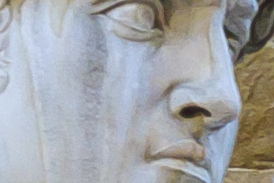 Close-up of Michelangelo's David statue next to a golden lion sculpture on a blue, ornate background with stone walls.