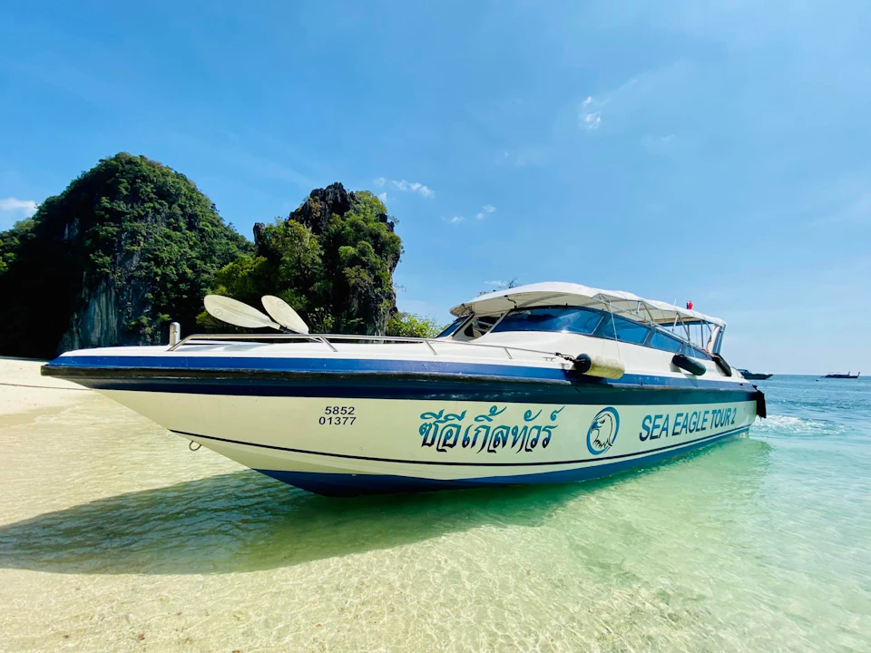 A speedboat labeled "SEA EAGLE TOUR 1" is docked in clear shallow water near rocky, tree-covered cliffs under a blue sky.