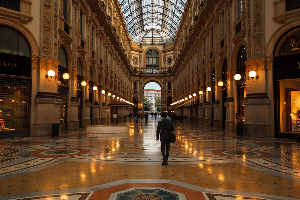 A person walking through a grand, ornate indoor gallery with a glass ceiling and glowing lights along the sides.