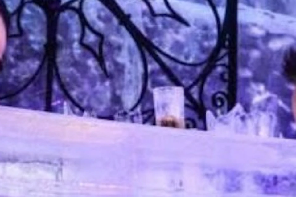 Two people in hooded jackets warm their hands near a fireplace in an icy environment, with blue lighting and ice decor.