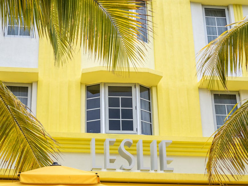 Yellow and white building with the word "LESLIE" on it, framed by palm leaves. A window is seen above the sign.