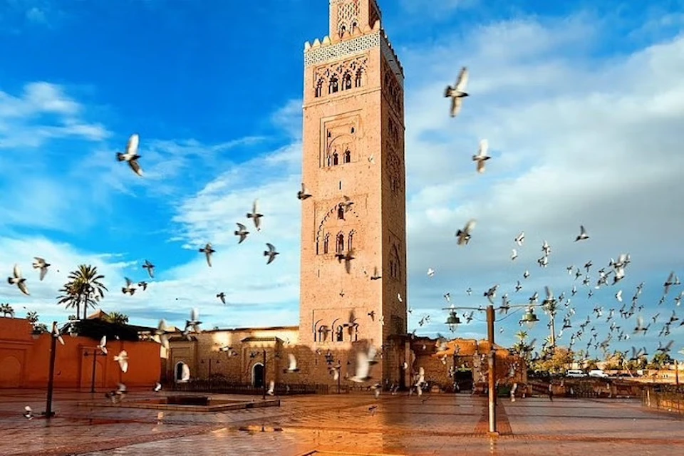 Tall tower with intricate designs stands against a bright blue sky. Numerous birds are flying around the tower.
