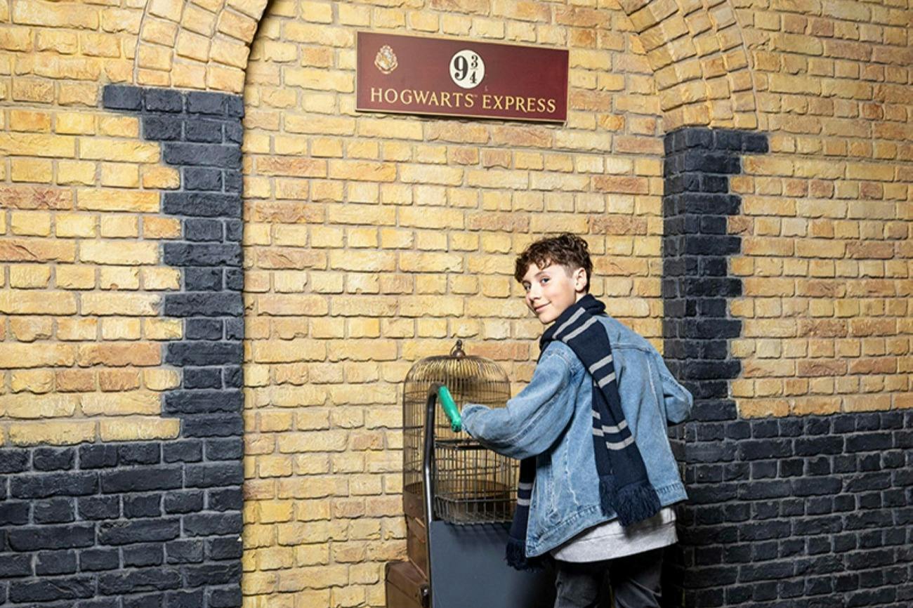 A person posing beside a luggage trolley in front of the "Hogwarts Express" sign on a brick wall, styled as Platform 9¾.