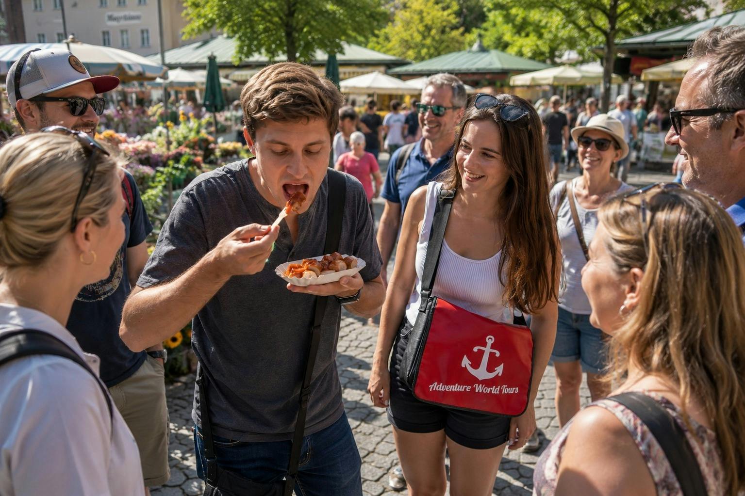 En grupp människor på en utomhusmarknad, där en person äter mat från en tallrik medan de andra tittar på och ler.