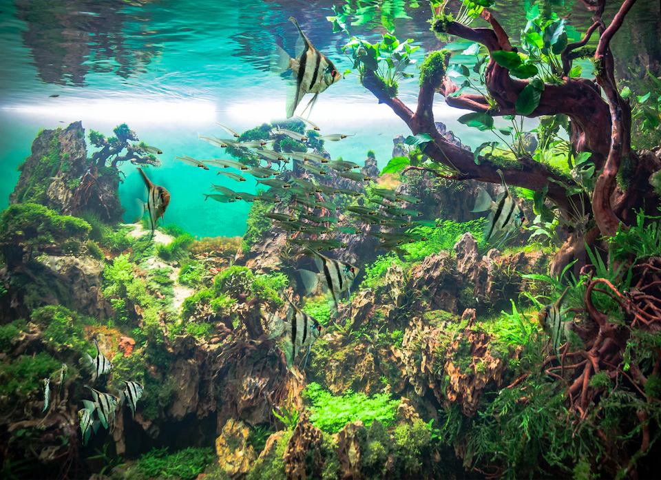A vibrant underwater scene with various fish swimming amidst green plants, rocks, and driftwood in a well-lit aquarium.