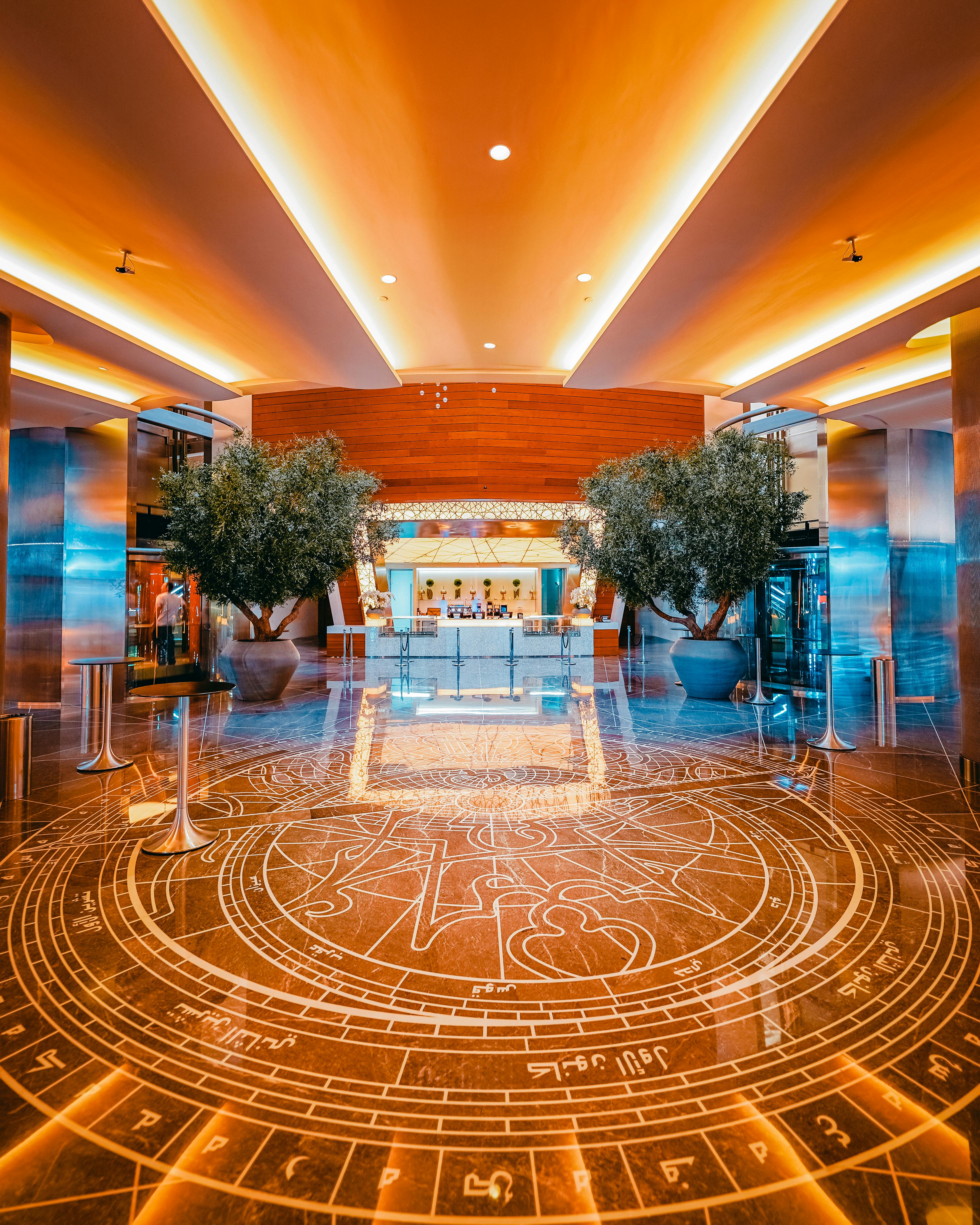 Illuminated hotel lobby with intricate circular floor pattern, large potted trees, and a reception desk in the background.
