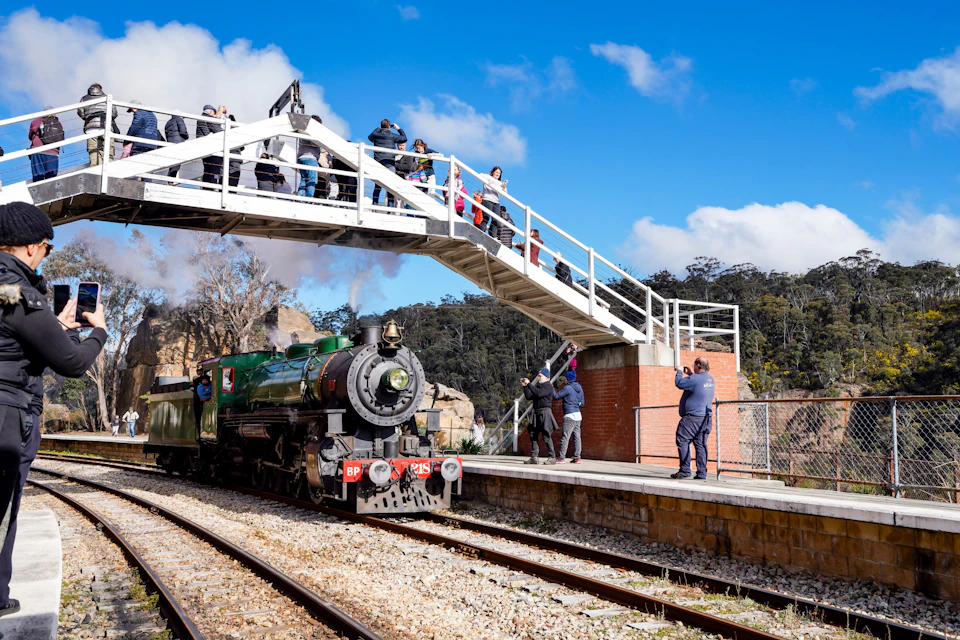 A vintage green steam locomotive at a train platform with people on a pedestrian bridge and taking photos around.